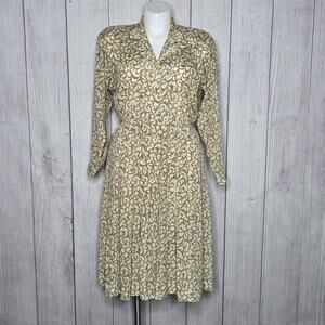 Vintage 70s 80s Shirtwaist Dress Tan & Gold Scroll Print, sz 10 Petite